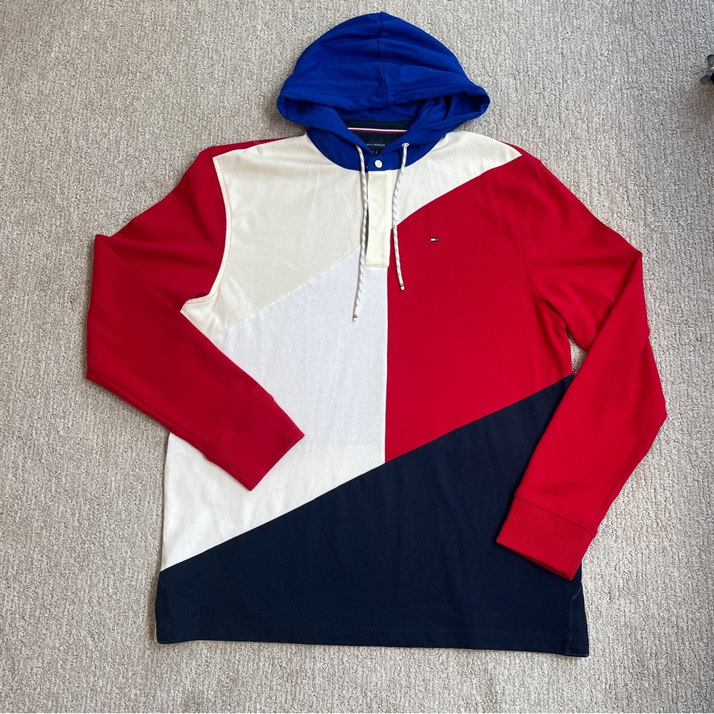 Tommy Hilfiger Rugby Shirt Hoodie Large Red Blue White Colorblock Retro 90's